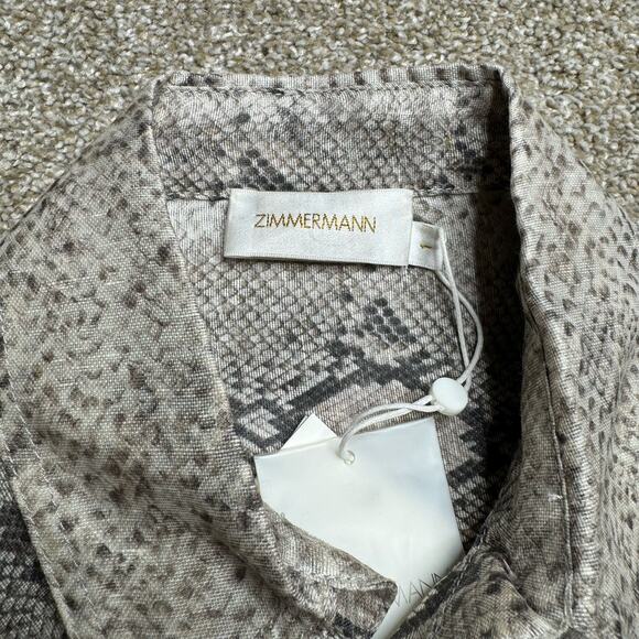 Zimmermann Beige Snake Printed Linen & Silk Corsage Safari Shirt Size 6 NWT - Picture 6 of 8
